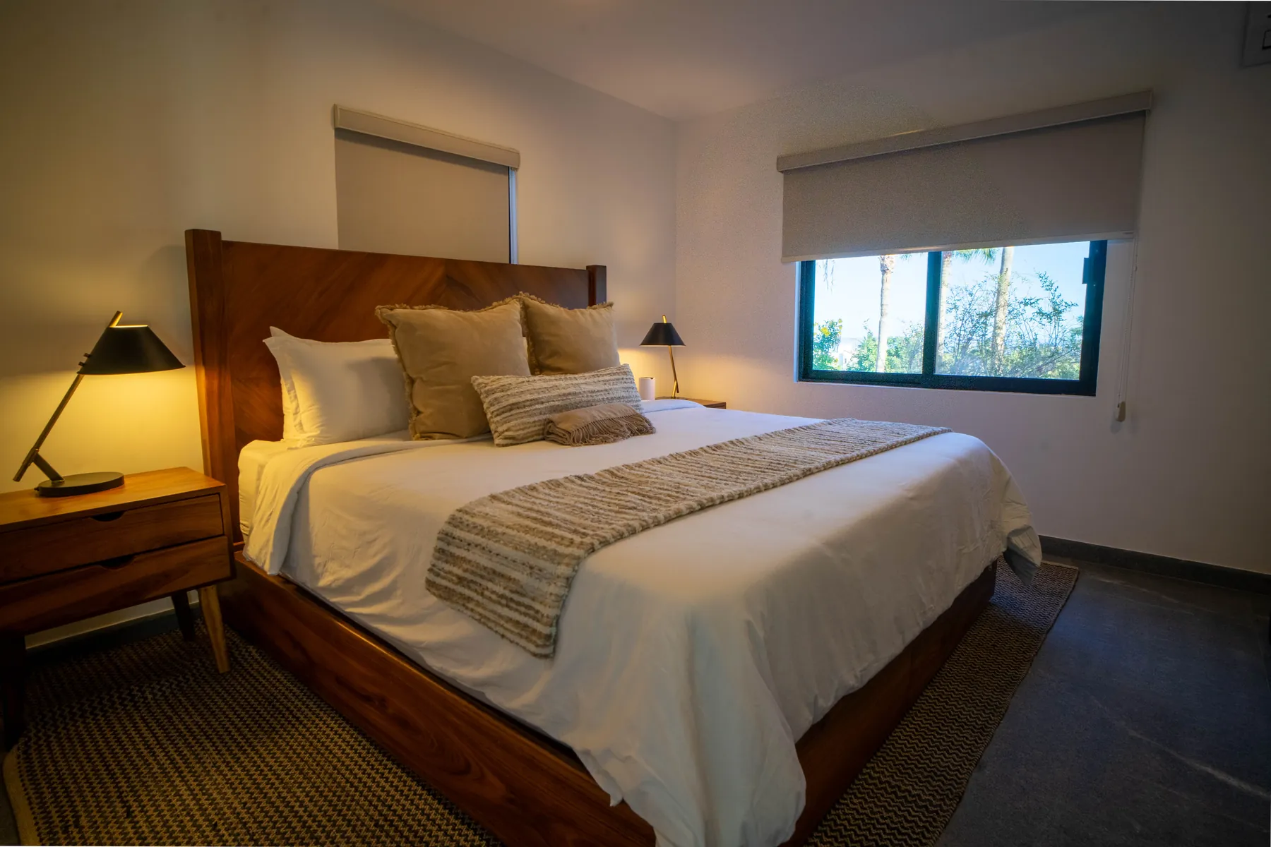 King bedroom with wood bed frame